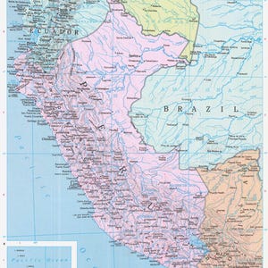May include: A detailed map of South America, highlighting the countries of Ecuador, Peru, and Brazil. The map features a color-coded design with pink, green, and yellow hues, and includes the Pacific Ocean.