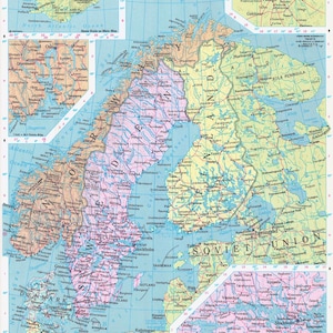 Może przedstawiać: Szczegółowa mapa Europy Północnej, w tym Skandynawii, Islandii i części Związku Radzieckiego. Mapa zawiera różne kolory do rozróżniania krajów i regionów, z etykietami dla miast i cech geograficznych. Mapa zawiera wstawki.