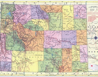 Wyoming karta direkt nedladdning - utskrivbar karta, vintagekarta, heminredning, väggkonst, antik karta