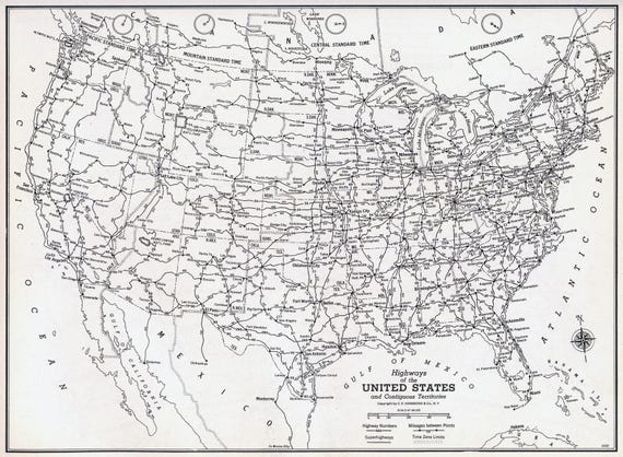 Vintage United States Hwy Map 30,980 United States Highway Map Stock
