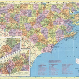 Mapa de Carolina del Norte para descargar al instante: mapa imprimible, mapa antiguo, decoración del hogar, arte mural, mapa antiguo