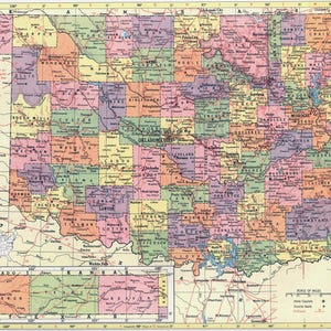 Téléchargement instantané de la carte de l'Oklahoma - carte imprimable, carte vintage, décoration d'intérieur, art mural, carte ancienne