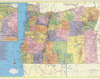 May include: A vintage map of Oregon, USA, with county borders outlined in pink, yellow, green, and blue. The map shows major cities, rivers, and mountains. The map is titled "Oregon" and includes a scale of miles and a compass rose.