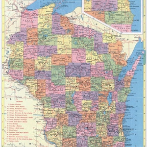 Carte du Wisconsin en téléchargement immédiat - carte imprimable, carte vintage, décoration d'intérieur, art mural, carte ancienne