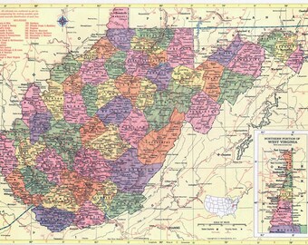 Mapa de Virginia Occidental para descargar al instante: mapa imprimible, mapa antiguo, decoración del hogar, arte mural, mapa antiguo