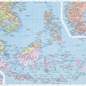 May include: A detailed map of Southeast Asia, including countries such as Thailand, Malaysia, and Indonesia. The map uses various colours to differentiate geographical regions, with labels for cities and bodies of water.
