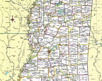 Mississippi-karta direktnedladdning - utskrivbar karta, digital nedladdning, väggkonst, antik karta