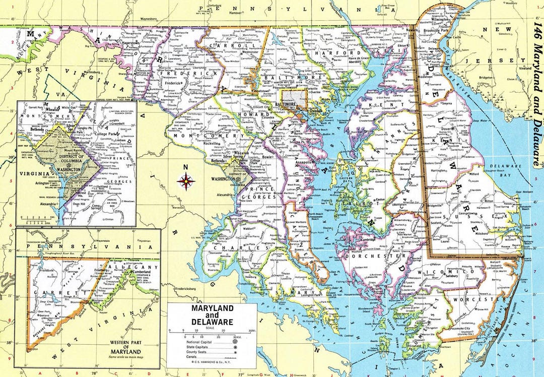 Printable map of Maryland and Delaware
