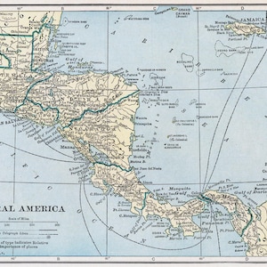 May include: A vintage map of Central America, showing the countries of Guatemala, Belize, Honduras, Nicaragua, Costa Rica, and Panama. The map is printed on a light blue background with brown lines and text. The map includes a scale of miles, a key to symbols, and a note about the relative importance of places.