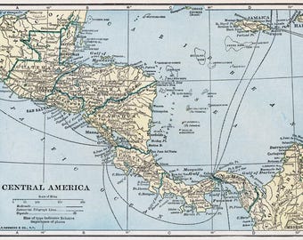 Digital nedladdning av Centralamerikakarta - Utskrivbar karta, Vintage 1923-karta, Heminredning, Väggkonst, Omedelbar nedladdning, Resepresent till honom henne