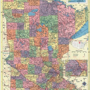 May include: A vintage map of Minnesota, USA, with county borders outlined in different colors. The map shows the state's major cities, rivers, and lakes. The map is titled "Minnesota" and includes a scale of miles and a compass rose.