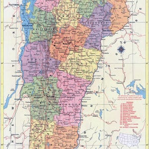 Kaart van Vermont direct downloaden - afdrukbare kaart, vintage kaart, woondecoratie, kunst aan de muur, antieke kaart