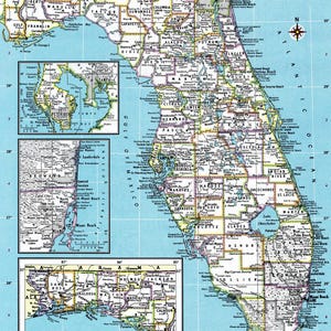 Florida Karte digitaler Download - Druckbare Karte, Wohndekor, sofortiger Download, Wandkunst, antike Karte, Karte von Florida