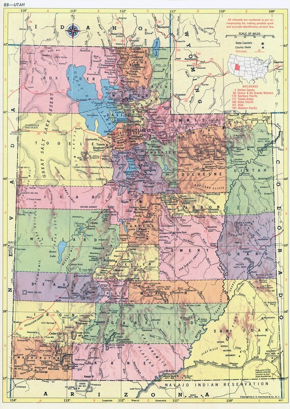 1956 Utah Map Beautiful Old Map Of Utah Vintage Map Etsy