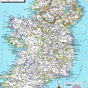 Kaart van Ierland direct downloaden: afdrukbare kaart, digitale download, kunst aan de muur, antieke kaart