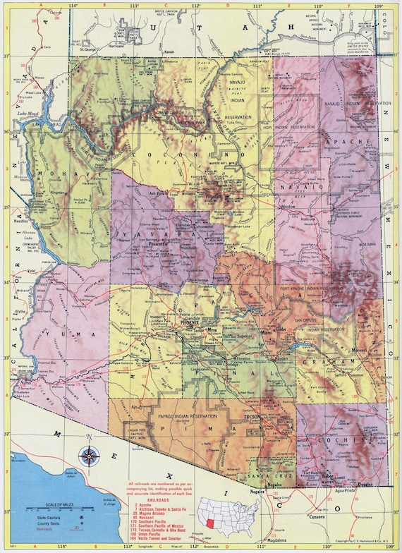 Arizona Map Instant Download Printable Map Vintage Map - Etsy