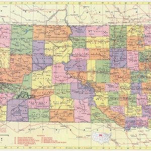 Mapa de Dakota do Sul para download instantâneo - Mapa para impressão, Mapa vintage, Decoração para casa, Arte de parede, Mapa antigo