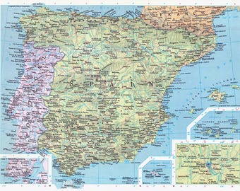 Mapa digital de España y Portugal: descarga imprimible, decoración del hogar, arte mural, descarga instantánea, póster de viaje.