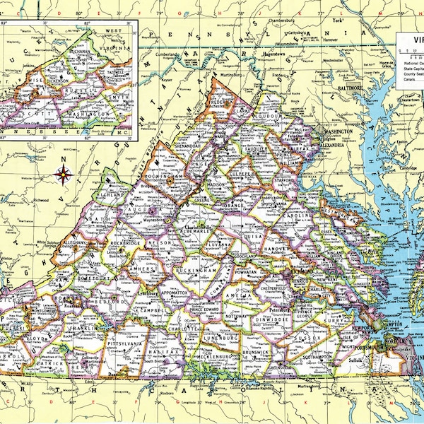 Virginia Map Instant Download -  Printable Map, Digital Download, Wall Art, Antique Map