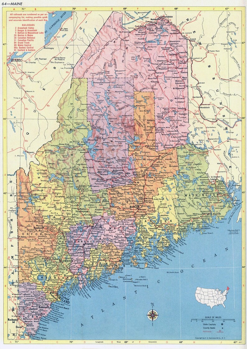 Maine Map Instant Download Printable Map, Vintage Map, Home Decor, Wall ...