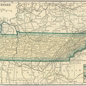 Kaart van Tennessee digitale download - afdrukbare kaart, vintage 1923 kaart van Tennessee, woondecoratie, kunst aan de muur, instant download, reiscadeau