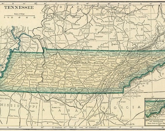 Digital nedladdning av Tennessee-karta - utskrivbar karta, vintagekarta över Tennessee från 1923, heminredning, väggkonst, omedelbar nedladdning, resepresent