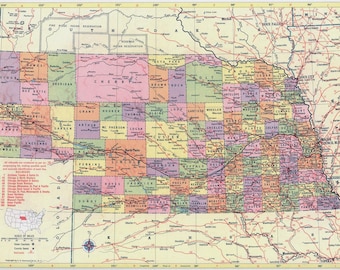 Nebraska Karte sofortiger Download - Druckbare Karte, Vintage Karte, Dekoration, Wandkunst, antike Karte