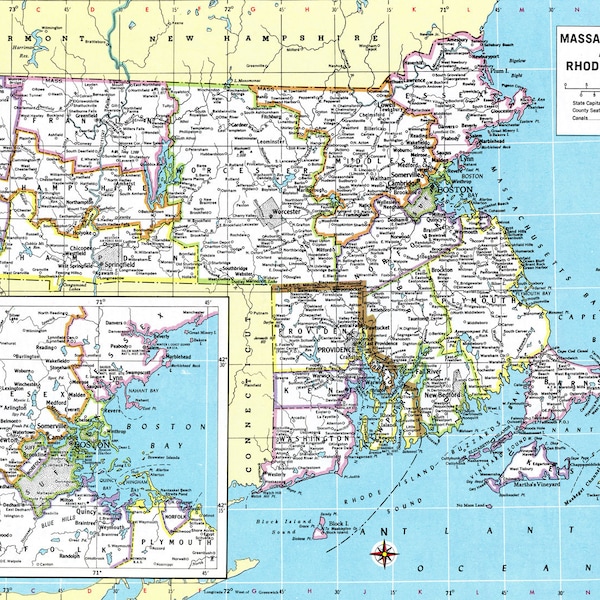 Massachusetts & Rhode Island Map Instant Download -  Printable Map, Digital Download, Wall Art, Antique Map
