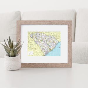 K&ouml;nnte beinhalten: Eine gerahmte Karte von South Carolina, die die Landkreise, St&auml;dte und Stra&szlig;en zeigt. Die Karte befindet sich in einem hellbraunen Holzrahmen. Links vom Rahmen befindet sich eine kleine Sukkulentenpflanze in einem wei&szlig;en Topf.