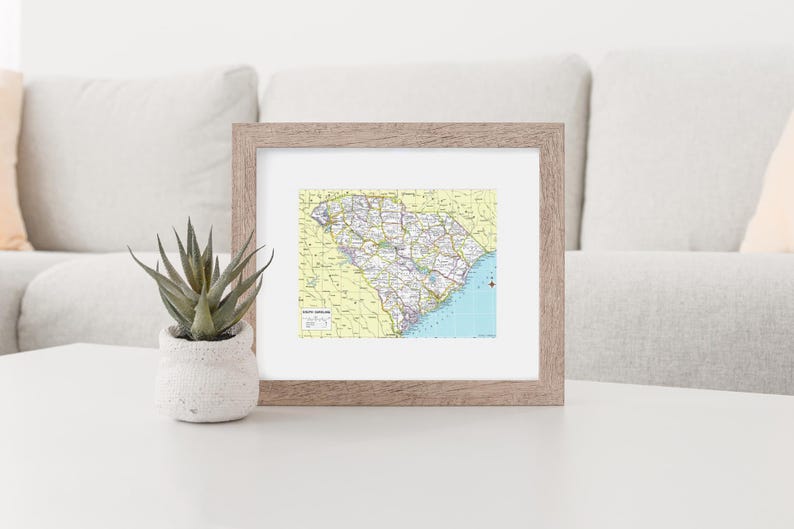 K&ouml;nnte beinhalten: Eine gerahmte Karte von South Carolina, die die Landkreise, St&auml;dte und Stra&szlig;en zeigt. Die Karte befindet sich in einem hellbraunen Holzrahmen. Links vom Rahmen befindet sich eine kleine Sukkulentenpflanze in einem wei&szlig;en Topf.