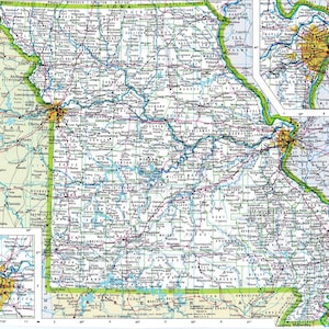 Pode incluir: Um mapa vintage do estado do Missouri, EUA, com as principais cidades e vilas etiquetadas. O mapa está em tons de verde, azul e marrom, com um destaque amarelo ao redor da cidade de St. Louis.