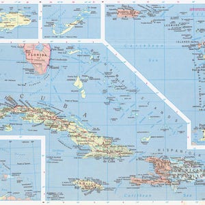 May include: A detailed map of the Caribbean islands and surrounding areas, including Florida, Cuba, and the Bahamas. The map uses various colours to distinguish land and water, with labels for cities and geographical features.