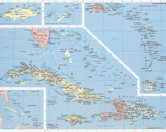 Västindien karta digital nedladdning - utskrivbar karta, karta över Kuba Haiti Dominikanska republiken, heminredning, väggkonst, omedelbar nedladdning, resepresent