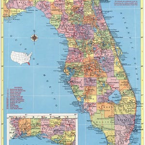 Vintage kaart van Florida direct downloaden - afdrukbare kaart, decor thuisbibliotheek, kunst aan de muur, antieke kaart