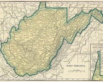 West Virginia Karte digitaler Download - Druckbare Karte, Vintage Karte von West Virginia, Dekoration, Wandkunst, sofortiger Download, Reisegeschenk