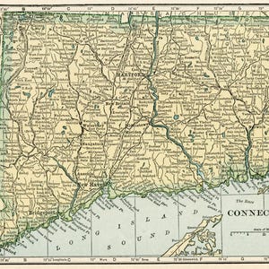 May include: A vintage map of Connecticut, USA, with a green outline of the state and major cities labeled, including Hartford, New Britain, Bridgeport, and New Haven. The map also includes a scale of miles.