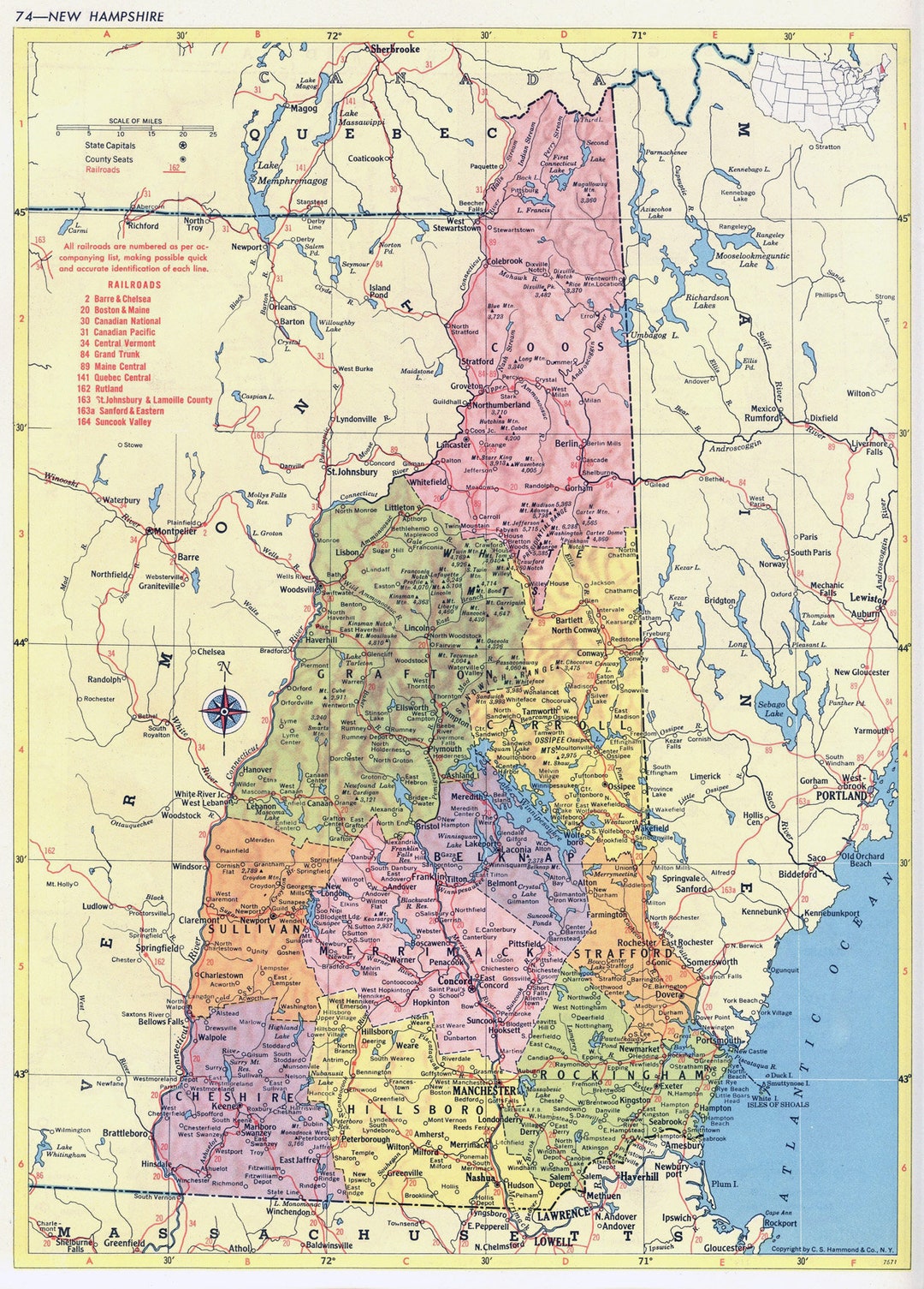 New Hampshire Map Instant Download Printable Map, Vintage Map, Home
