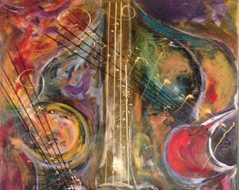 BASS MUSICAL INSTRUMENT Jazzy Abstract Art Hand Signed Gift Matted