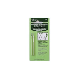 May include: Two silver darning needles with latch hook eyes. The packaging is green and white with the text "Darning Needles with Latch Hook Eye" and "Clover 3160".