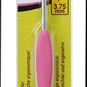 May include: Pink Clover Amour crochet hook with a 3.75 mm size label. The hook has an ergonomic handle and is labeled "Amour Crochet Hook" in English, French, German, and Spanish.