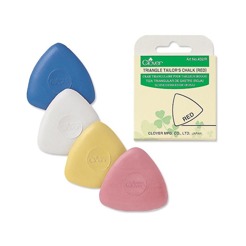 May include: Four triangular tailor's chalk pieces in blue, white, yellow, and pink, with a package of red chalk. The package has text that reads "Triangle Tailor's Chalk (Red)" and the Clover logo.