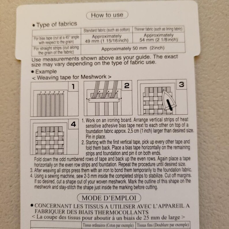 May include: Instructions for using heat-sensitive bias tape for sewing projects. The instructions include diagrams showing how to arrange the tape on an ironing board and how to fold and stitch the tape. The text includes measurements in inches.
