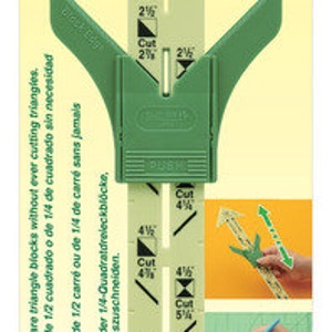 May include: A green and white Clover No-Hassle Triangles Gauge with the text "NANCY ZIEMAN". The gauge is designed for creating 1/2-square or 1/4-square triangle blocks. It features measurements in inches and includes illustrations for cutting.