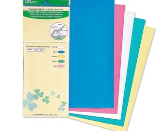 May include: A package of Clover Chacoopy tracing paper with five sheets in white, blue, yellow, green, and red. Each sheet measures 12 x 10 inches. The package has the Clover logo and product information.
