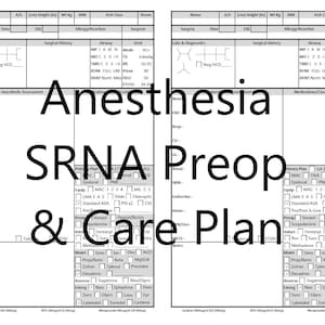 Può includere: Un modulo di anestesia preoperatoria e piano di assistenza in bianco e nero con il testo "Anesthesia SRNA Preop & Care Plan" in grandi caratteri grassetto. Il modulo include sezioni per le informazioni del paziente, la storia chirurgica, le vie aeree, gli esami di laboratorio e la diagnostica, la valutazione preanestetica, il piano principale, i farmaci preoperatori, l'induzione, il mantenimento, l'inversione e i farmaci di emergenza.