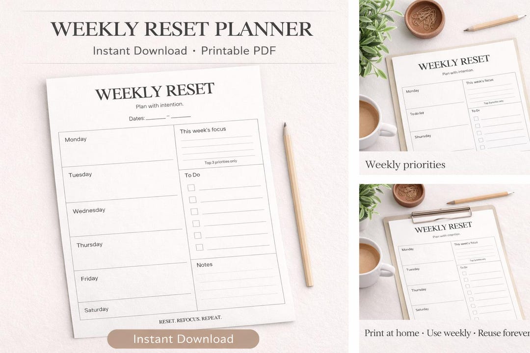 Minimal Weekly Reset Planner | Printable PDF, Productivity Template - Etsy