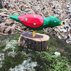 Hand Carved Folk Art Bird Sculpture in Bright Colors, Handmade Pine Wood Décor for Bird Lovers, Whimsical Handcrafted Gift Idea