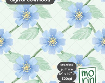 Blue Floral Seamless Pattern, Hand Drawn Flower Design (Digital Download)