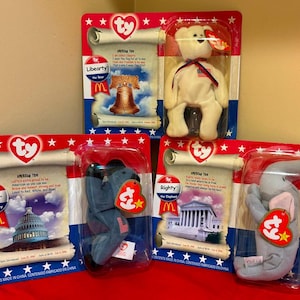 Vintage – 4th of July Toys – McDonalds – Ty 1996 Teenie Beanie Babies – AMERICAN TRIO – Complete Unopened Set (Libearty, Lefty, and Righty)!