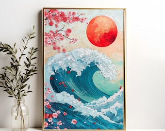 Japanese Wave Cherry Blossom Wall Art, Great Wave Print, Red Sun Artwork, Traditional Asian Decor, Ukiyo-e Poster, Digital Download, Japan.